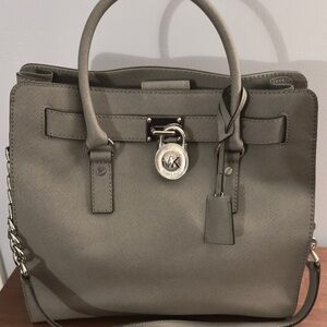 Michael Kors Taupe Saffiano Satchel with Signature Lock